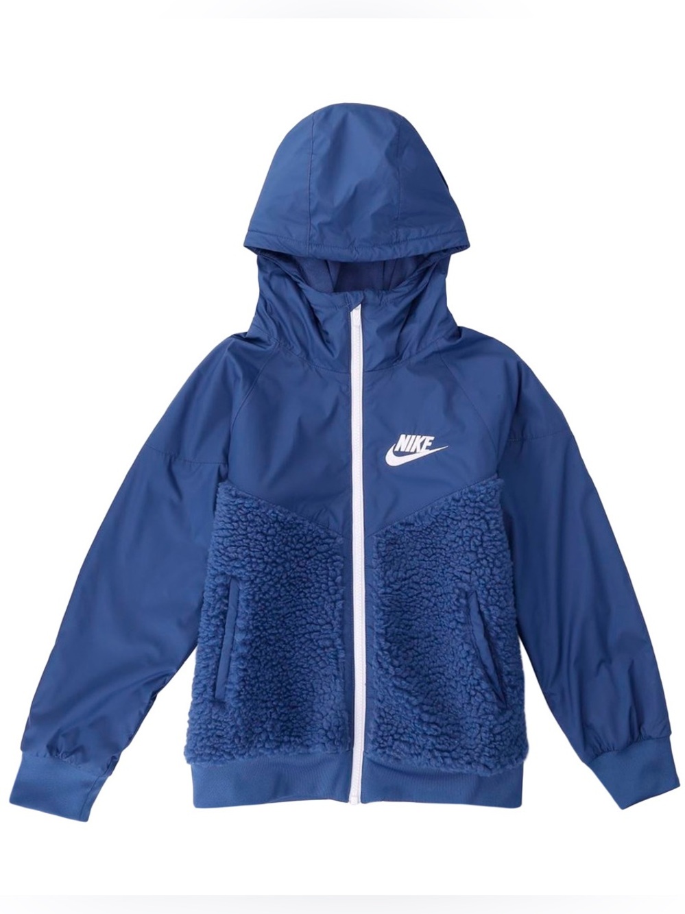 Nike Boys' Blue Sherpa Fleece & Windbreaker Mixed-Material Hooded Jacket Size L